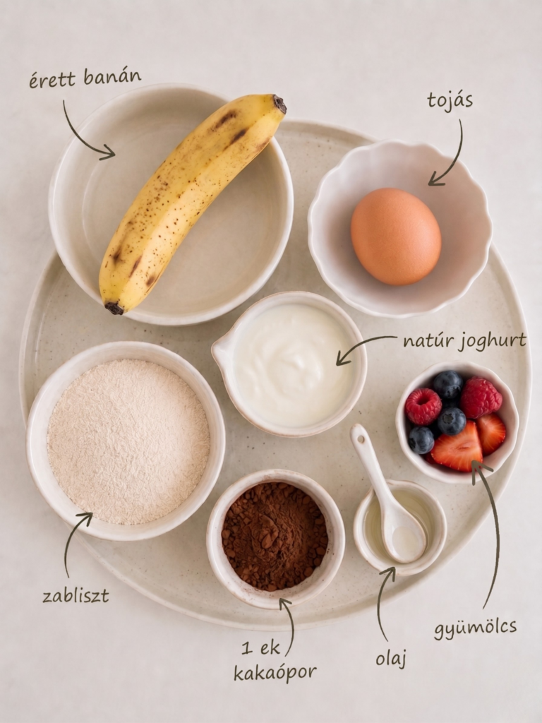 Cukormentes bababarát brownie hozzávalói felülnézetből: érett banán, tojás, natúr joghurt, zabliszt, kakaópor, olaj és vegyes gyümölcs