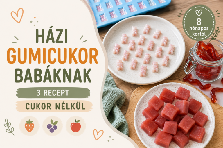 Házi készítésű gumicukrok babáknak: rózsaszín macik, piros gyümölcsös kockák és játékos gumicukor kukacok egy Pinterest pinen.