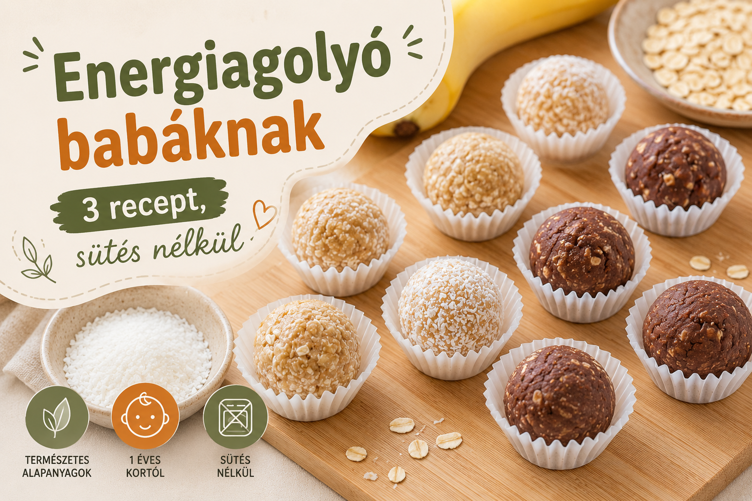 Puha, házi energiagolyók banánnal, zabpehellyel és gyümölccsel – gyors nasiötletek 1 éves kortól.