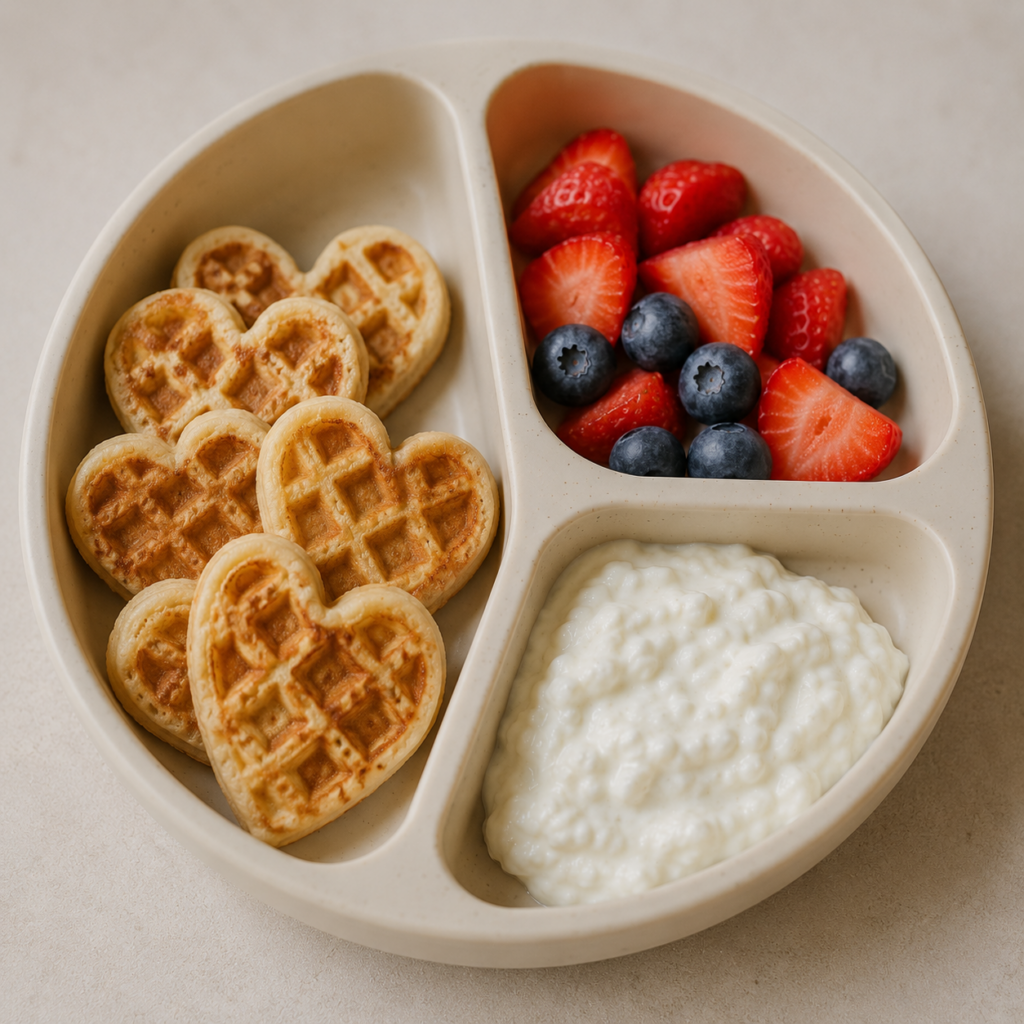 Szíves baba gofri cottage cheese mártogatóssal és friss eperrel, áfonyával osztott bézs babatányéron