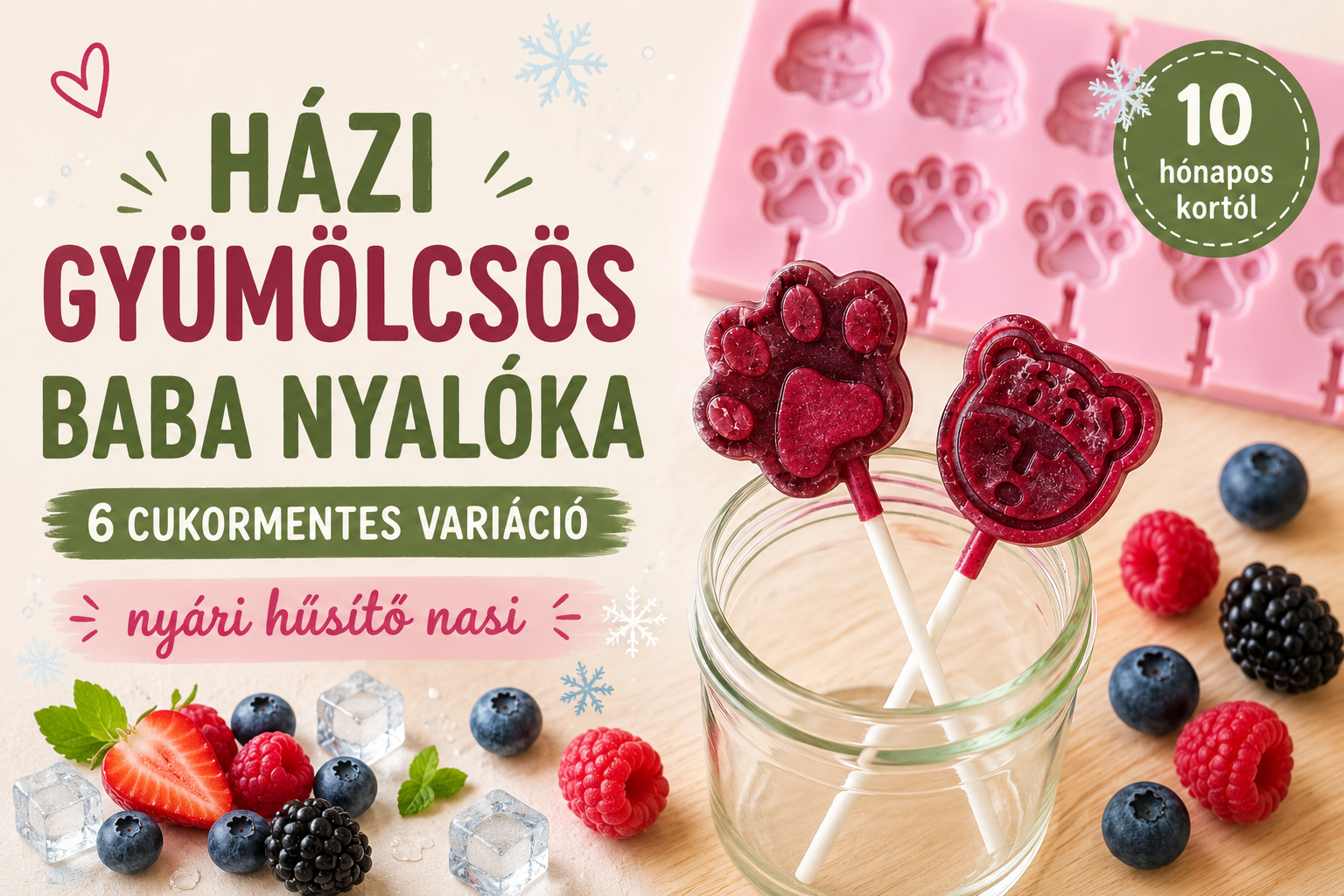 Cukormentes házi gyümölcsös baba nyalóka borítókép málnával és áfonyával