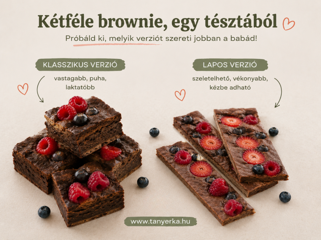 Cukormentes bababarát brownie kétféle verzióban: klasszikus vastagabb kockák málnával és áfonyával, és lapos vékonyabb szeletelhető verzió eperrel