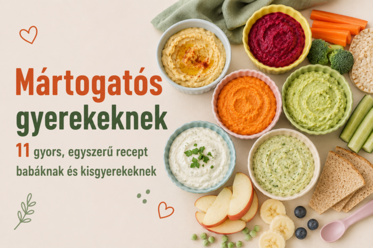 Mártogatós gyerekeknek borítókép – hatféle krémes mártogatós szilikon tálkákban, körülöttük répa, uborka, alma, banán és kenyércsíkok, Tányérka felirattal