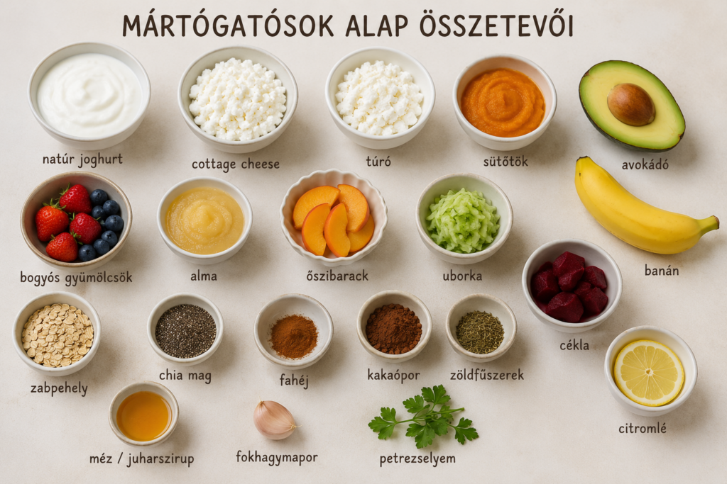 Mártogatósok alapanyagai felülnézetből: natúr joghurt, cottage cheese, túró, sütőtök, avokádó, bogyós gyümölcsök, alma, őszibarack, uborka, banán, zabpehely, chia mag, fahéj, kakaópor, zöldfűszerek, cékla, fokhagymapor, petrezselyem, citromlé