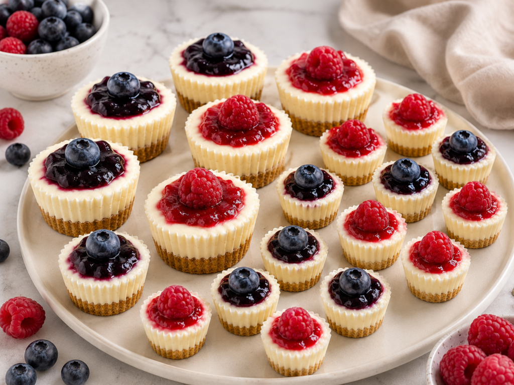 Házi mini sajttorta falatok fa tálcán áfonyával és málnával díszítve