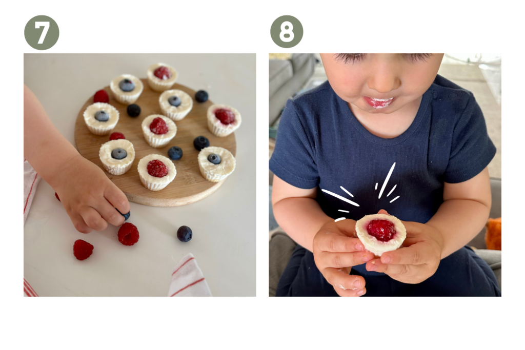 Kisgyermek mini sajttorta falatot tart a kezében, málnával díszítve