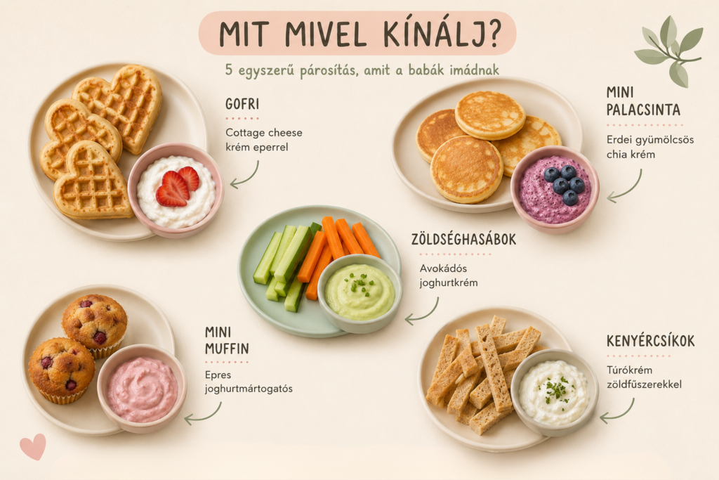 Tányérka infografika: 5 mártogatós párosítás – gofri cottage cheese krémmel, mini palacsinta erdei gyümölcsös chia krémmel, zöldséghasábok avokádós joghurtkrémmel, mini muffin epres joghurtmártogatóssal, kenyércsíkok túrókrémmel