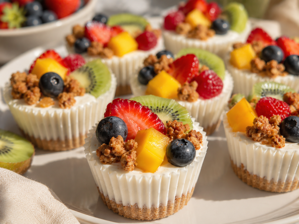 Muffin méretű sütés nélküli sajttorta friss gyümölcsökkel és kekszes alappal