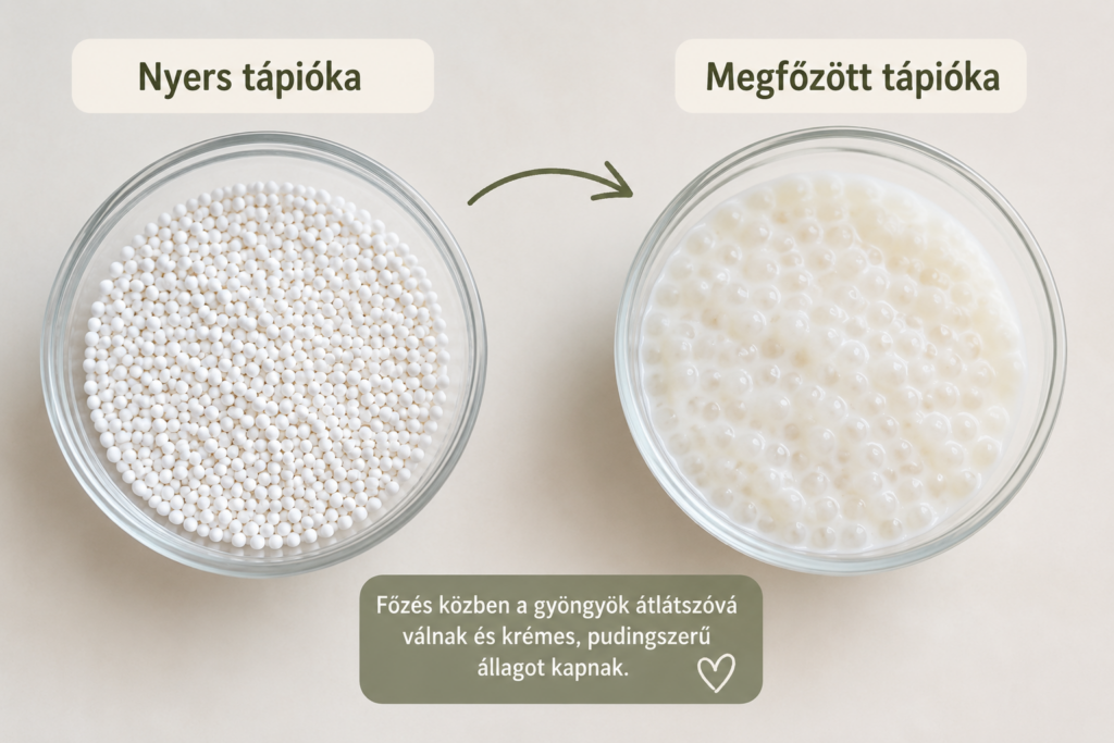 Nyers tápióka gyöngyök és tejben megfőzött, krémes állagú tápióka puding egymás mellett tálkákban.