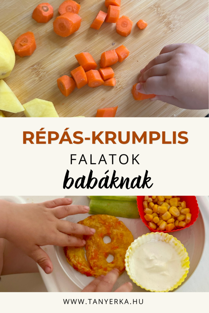 Mosolygós formájú répás-krumplis falat uborkával, kukoricával és joghurtos mártogatóssal tálalva babáknak.