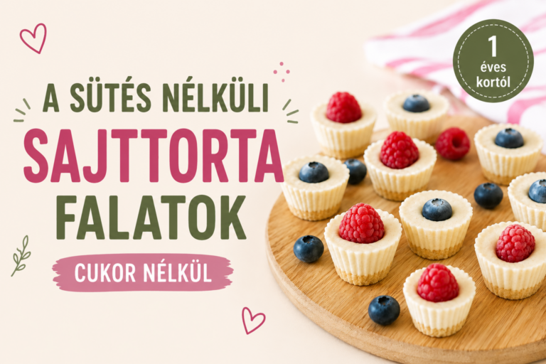 Sütés nélküli mini sajttorta falatok málnával és áfonyával, cukor nélkül. Bababarát mini desszert 1 éves kortól, kekszes alappal és krémsajtos töltelékkel.