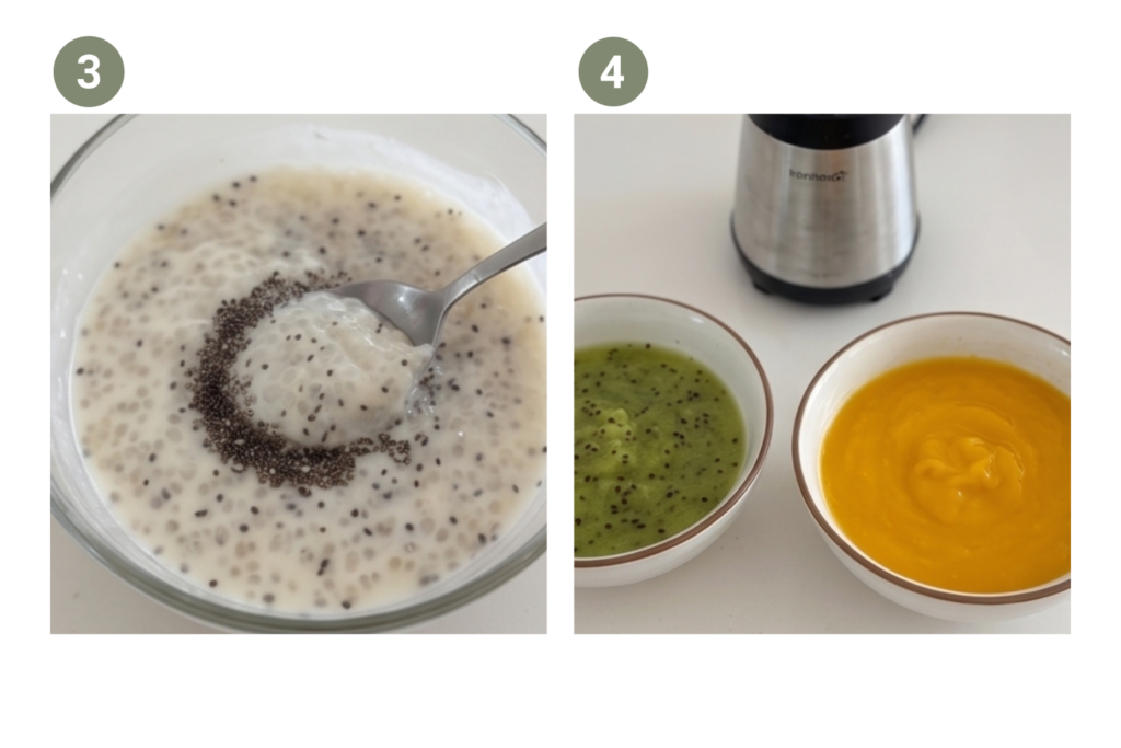 Chia maggal sűrített tápióka puding és turmixolt kiwi-mangó a pohárkrémhez