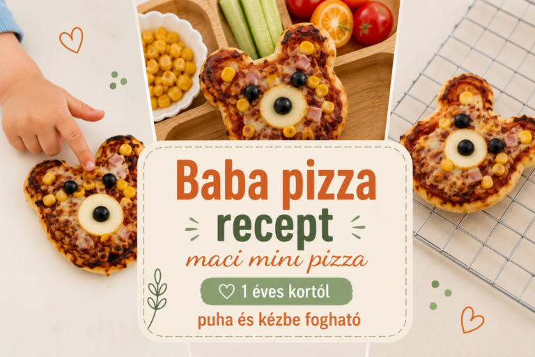Baba pizza recept borítókép – maci mini pizza 1 éves kortól, kézbe fogható, puha, valódi fotókkal és grafikával