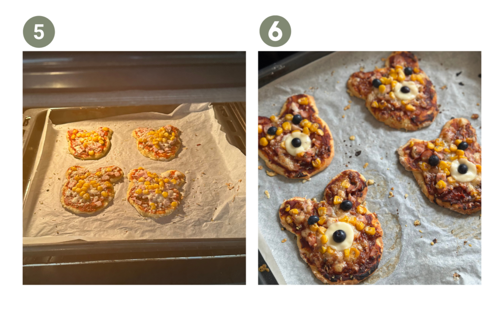 Maci mini baba pizza elkészítési lépések: 5. lépés sütőben sütés előtt, 6. lépés kész aranybarna pizzák tepsiben