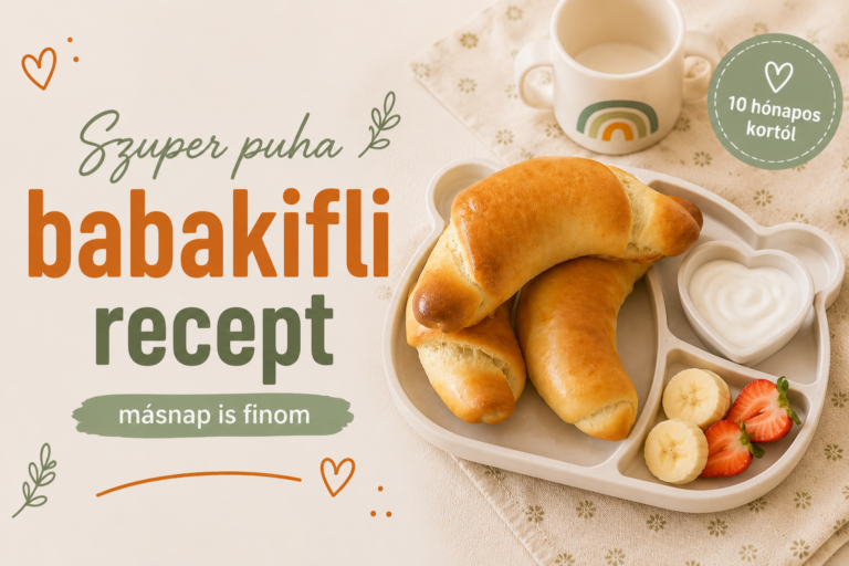 Szuper puha babakifli recept borítókép – 10 hónapos kortól, kiflik mackós babatányéron joghurttal, banánnal és eperrel