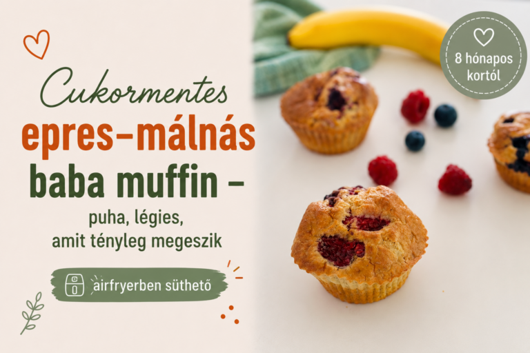 Cukormentes epres-málnás baba muffin friss gyümölcsökkel és banánnal