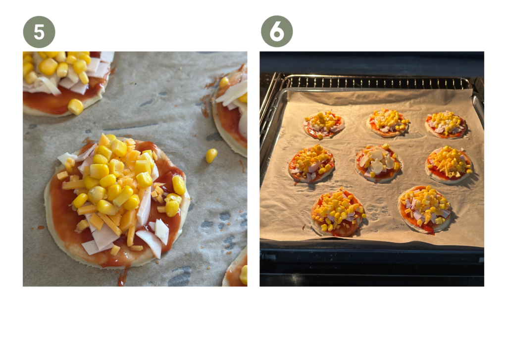 Mini pizzák sütés előtt sajttal, sonkával és kukoricával