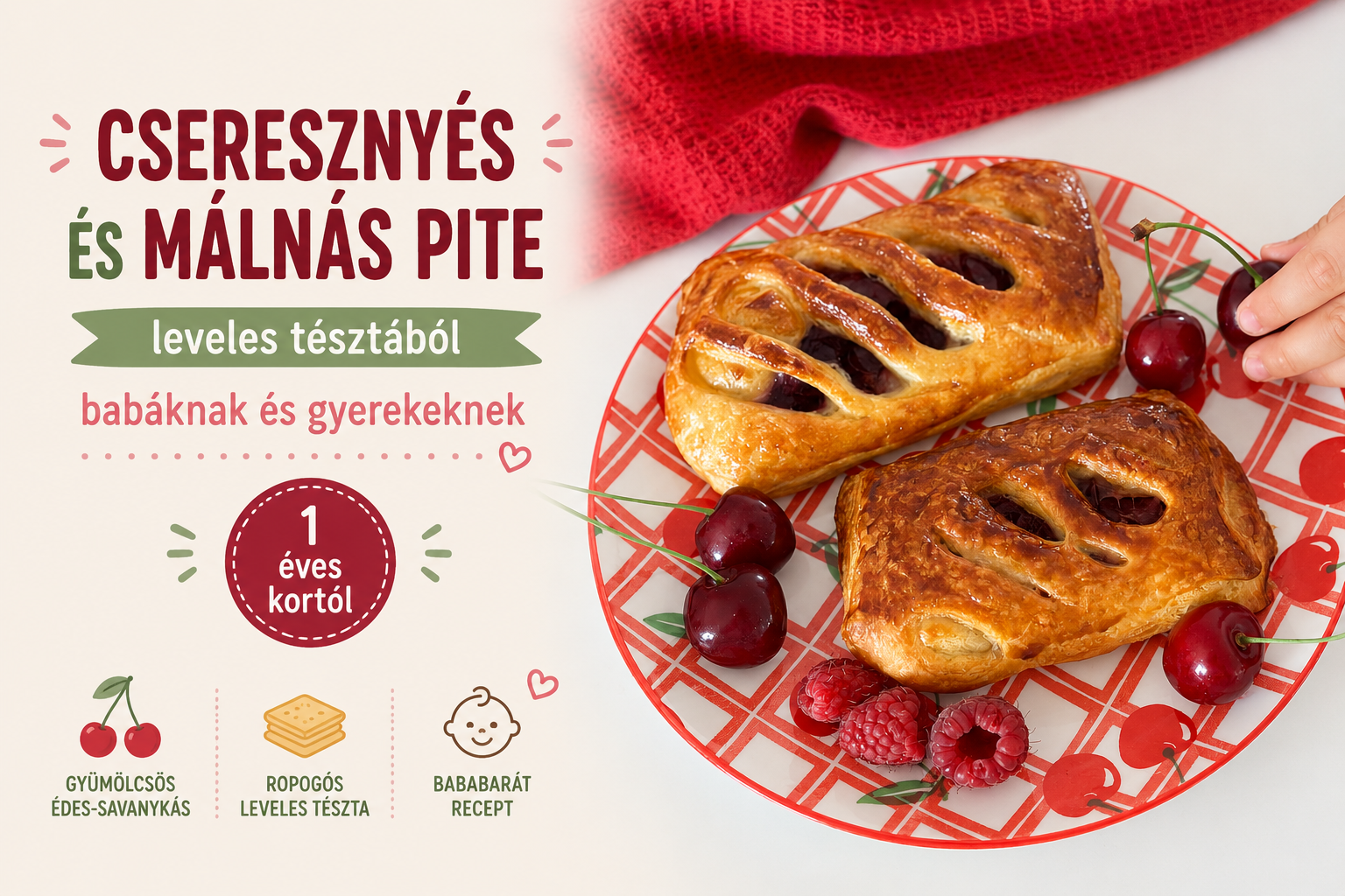 Cseresznyés és málnás pite leveles tésztából babáknak és gyerekeknek