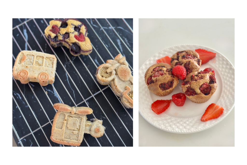Muffinok málnával és eperrel fehér tányéron