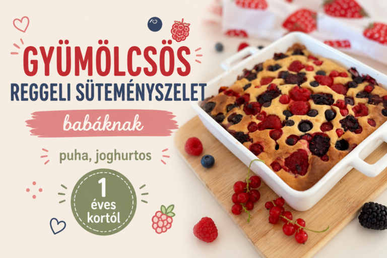 Gyümölcsös reggeli sütemény babáknak fehér sütőformában, málnával, áfonyával és ribizlivel