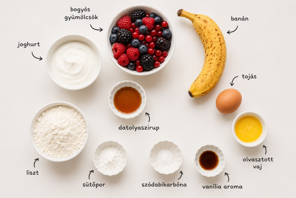 Gyümölcsös reggeli sütemény hozzávalói fehér háttéren: banán, joghurt, tojás, liszt és bogyós gyümölcsök