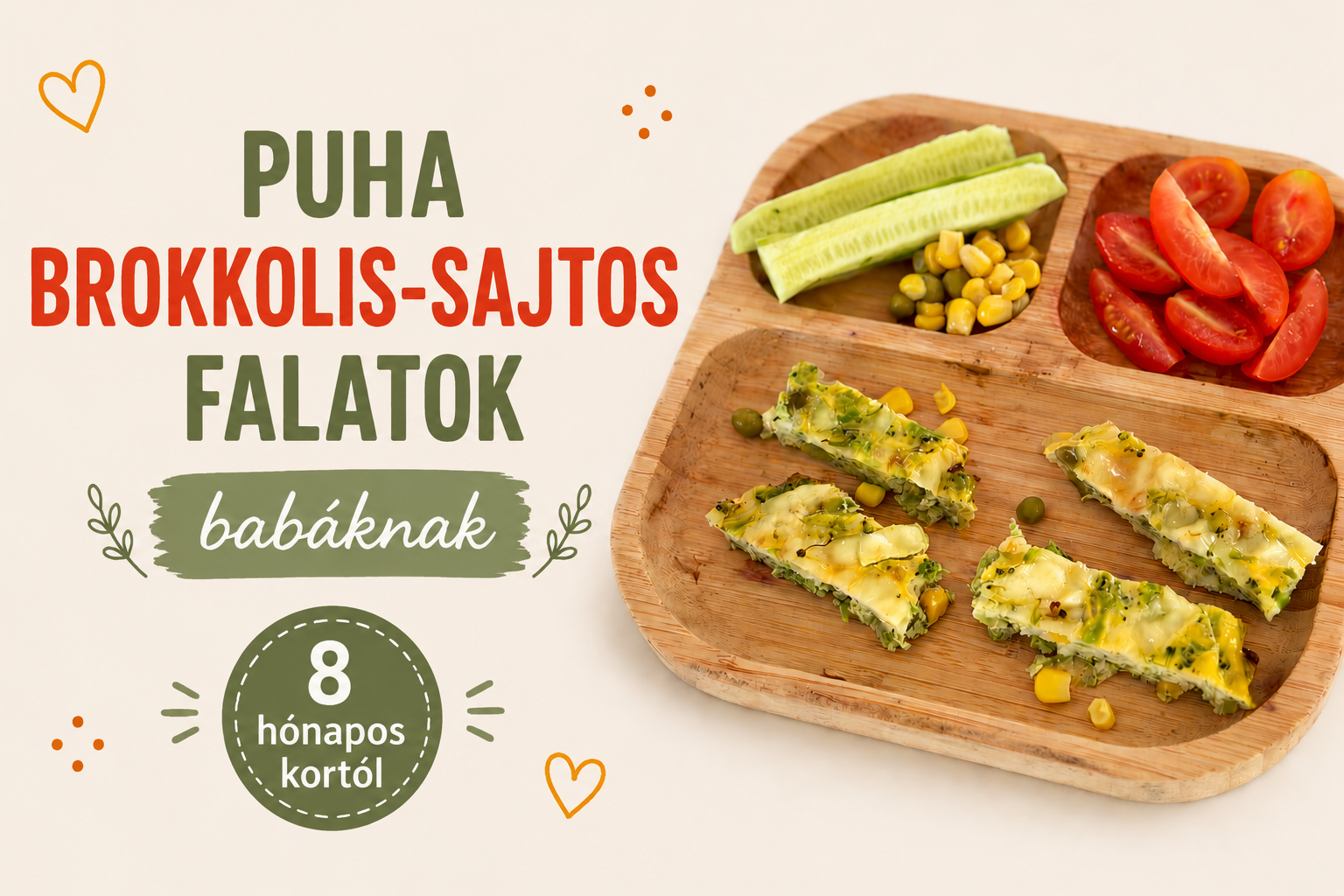 Puha brokkolis-sajtos falatok közelről, zöldségekkel tálalva, bababarát recept