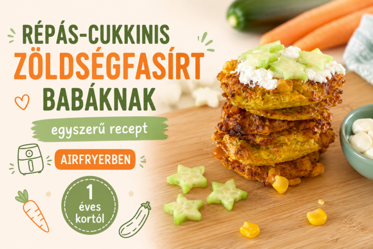 Répás-cukkinis zöldségfasírt babáknak airfryerben, túróval és uborkacsillagokkal tálalva