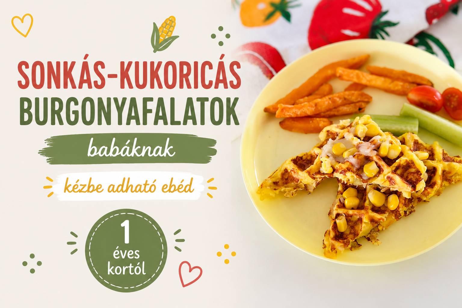 Sonkás-kukoricás burgonyafalatok babáknak gofrisütőben sütve, uborkával és paradicsommal tálalva