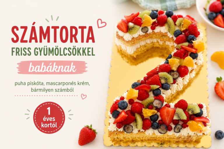 Számtorta friss gyümölcsökkel babáknak, puha piskótával és mascarponés krémmel 1 éves kortól