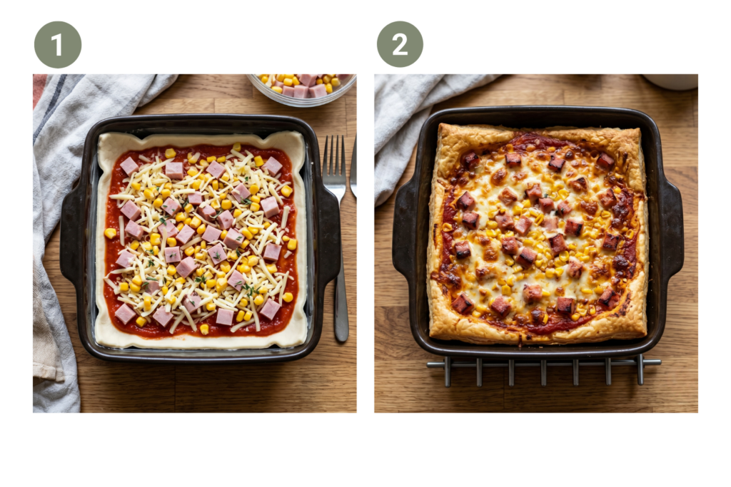 Extra gyors tepsis pizza kész tésztából – lépésről lépésre sütés előtt és sütés után