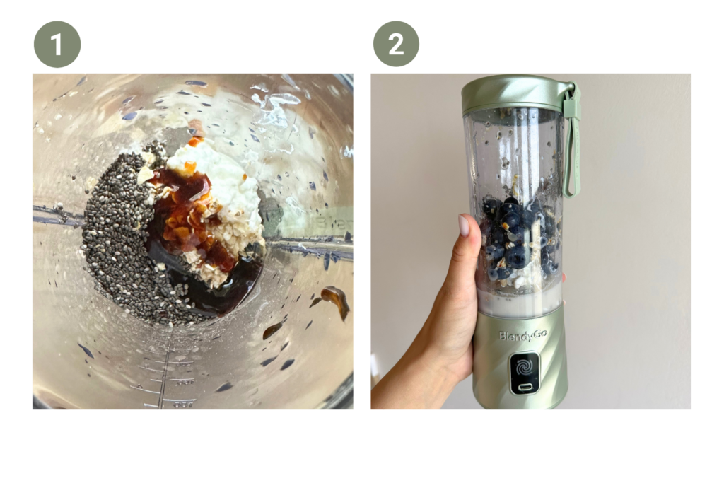 Áfonyás-túrós smoothie hozzávalói turmixgépben.