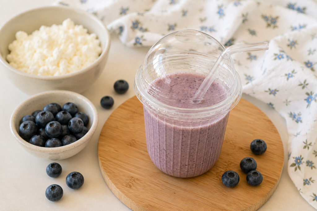 Krémes áfonyás-túrós smoothie pohárban friss áfonyával.