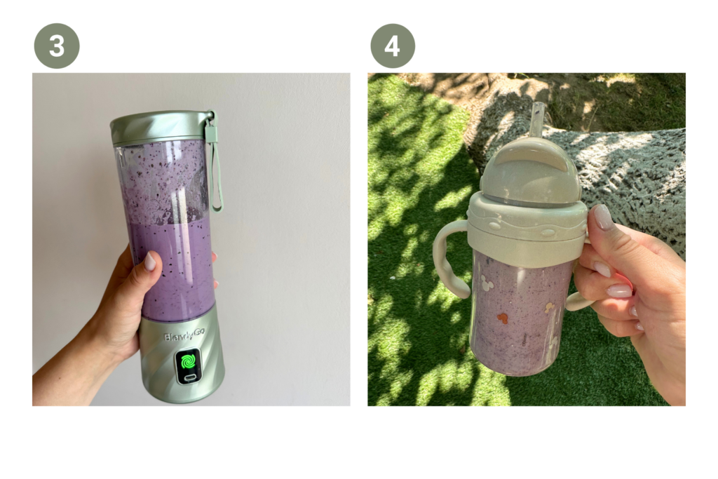 Frissen turmixolt áfonyás-túrós smoothie hordozható turmixgépben és gyerekpohárban.