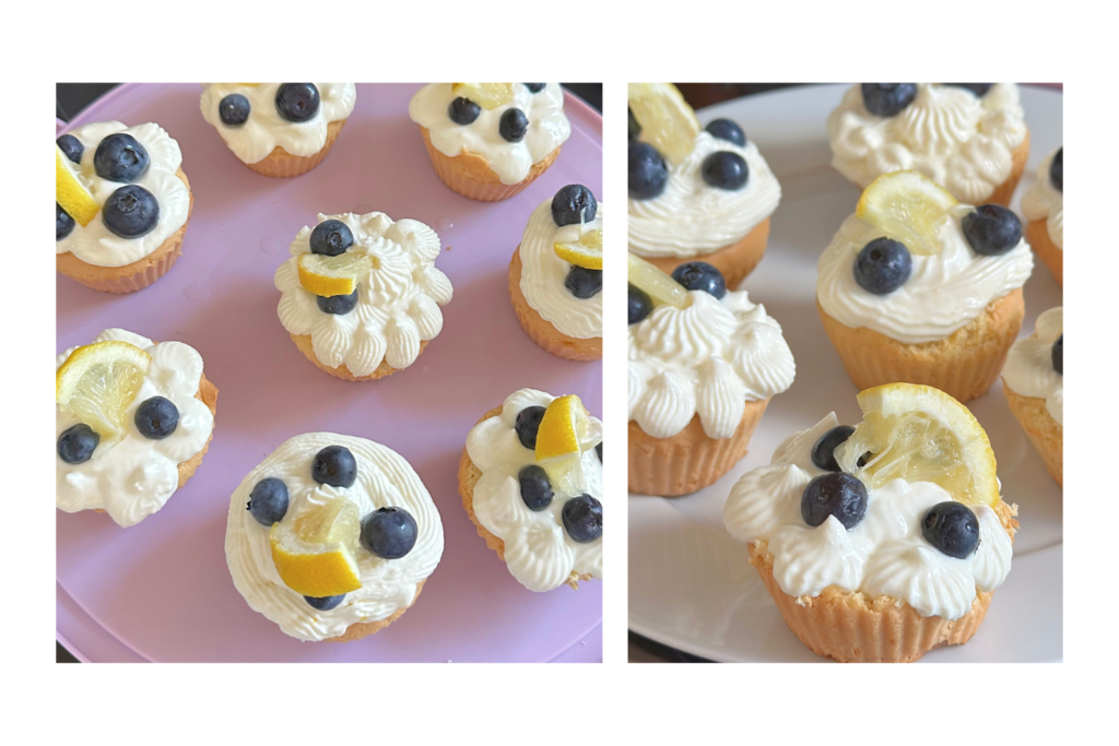 Puha citromos muffinok mascarponés krémmel, áfonyával és citrommal díszítve