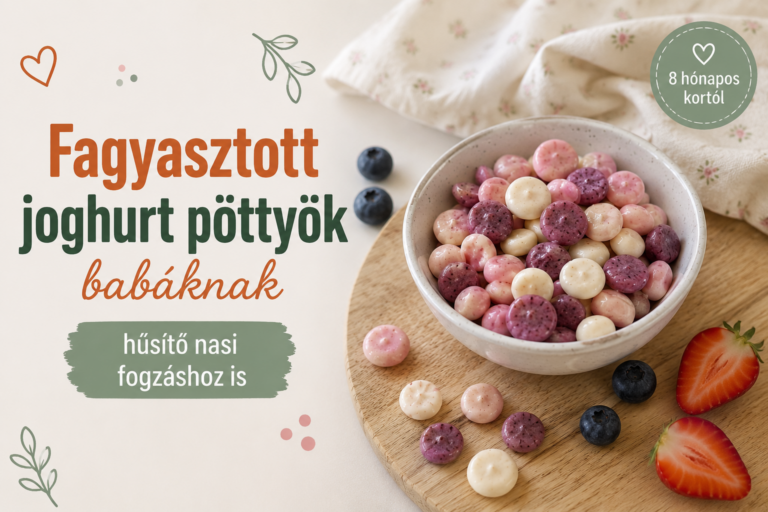 Fagyasztott joghurt pöttyök babáknak többféle gyümölcsből, tálban tálalva.