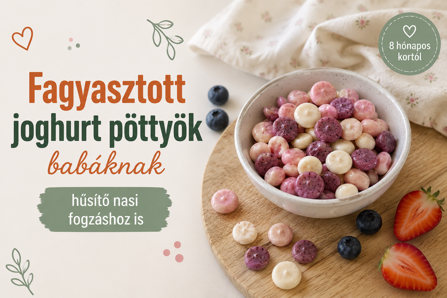 Fagyasztott joghurt pöttyök babáknak többféle gyümölcsből, tálban tálalva.