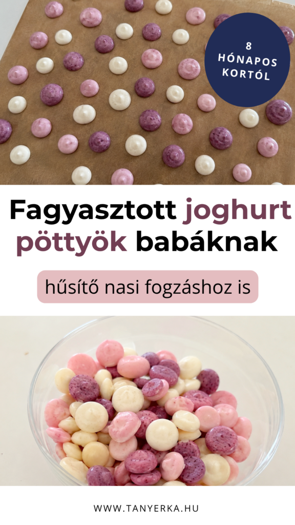 Házi fagyasztott joghurt pöttyök babáknak natúr, epres és áfonyás változatban sütőpapíron és üvegtálban.