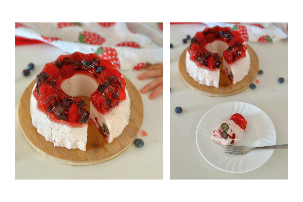 gyümölcsös joghurtos-túró torta zselével a tetején - feleszeletelve