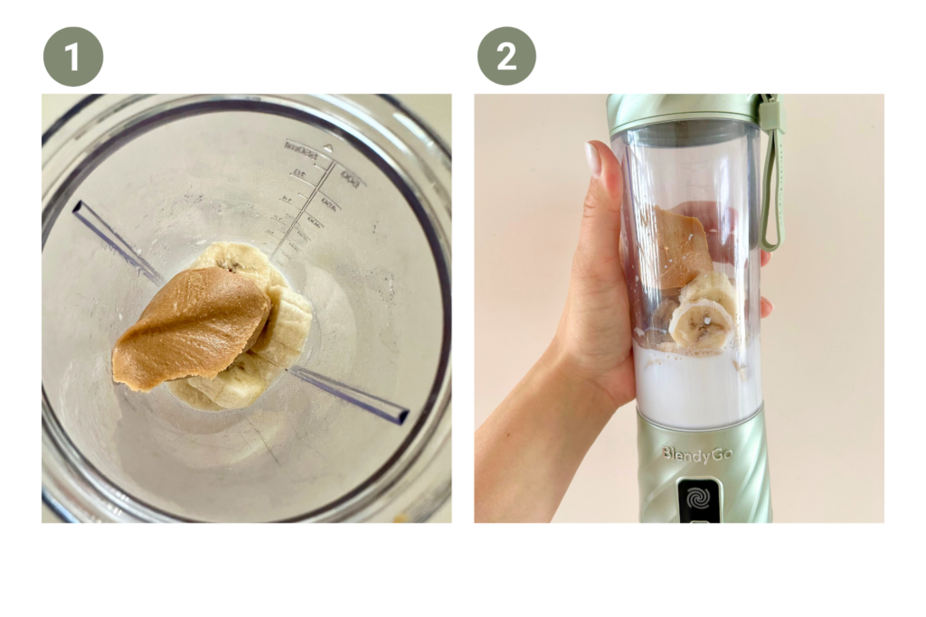 Házi banános-mogyoróvajas smoothie pohárban banánnal elkészítés lépései