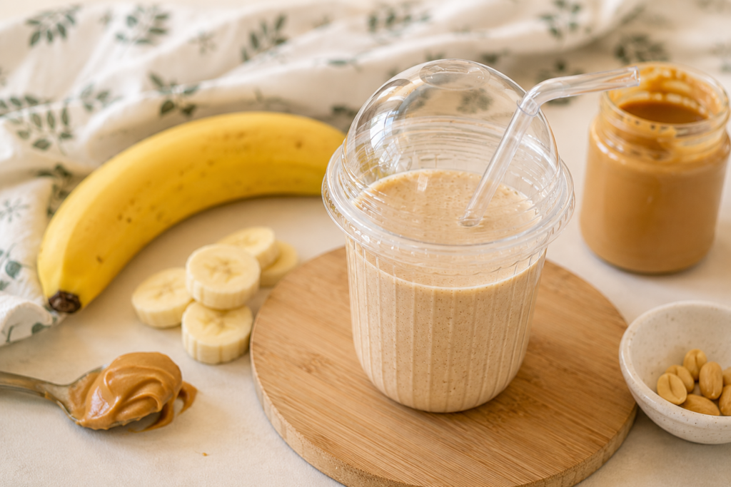 Krémes banános-mogyoróvajas smoothie átlátszó pohárban.